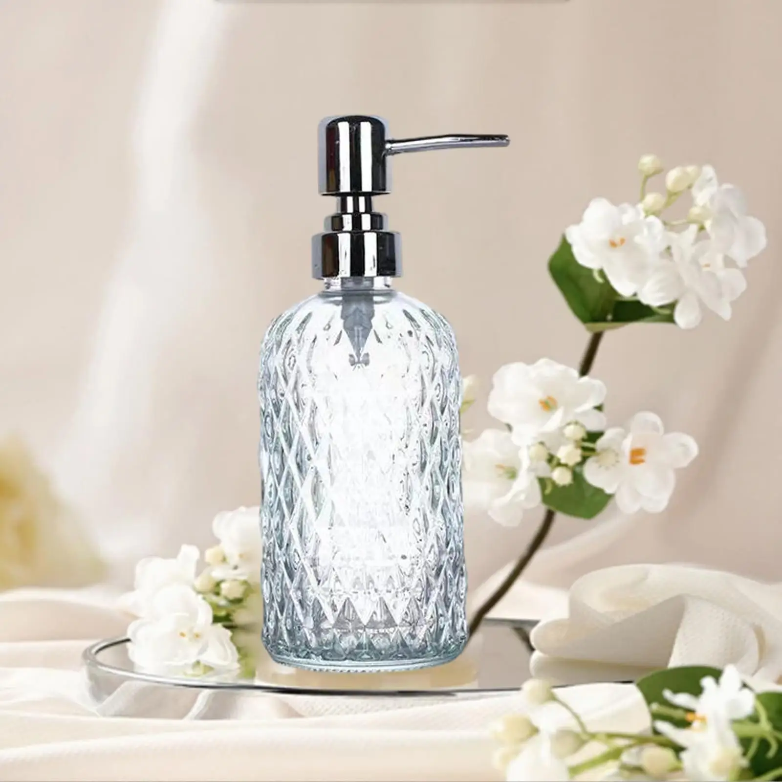 distributeur de savon transparent en verre avec motif